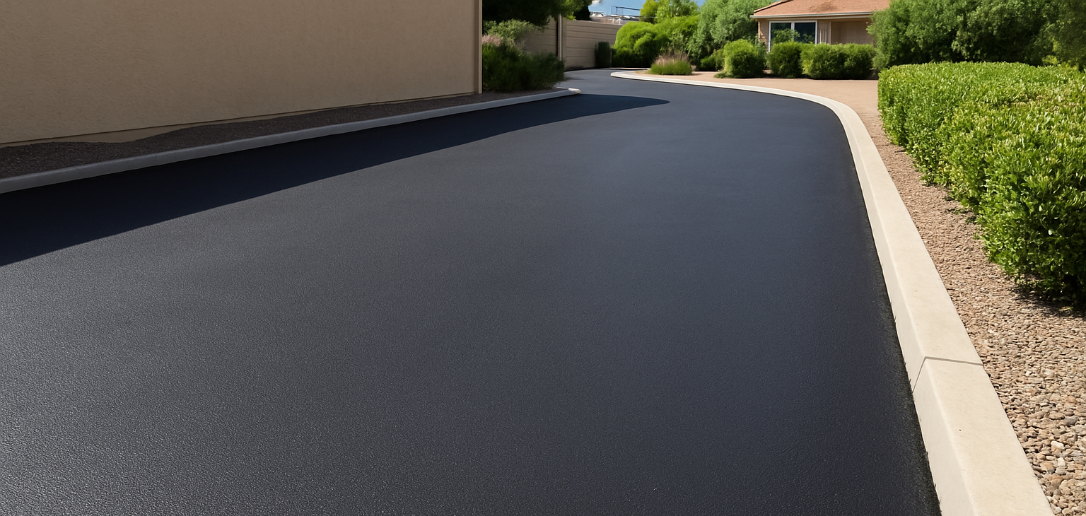 Black asphalt driveway curves toward a house, bordered by green bushes and a concrete curb.