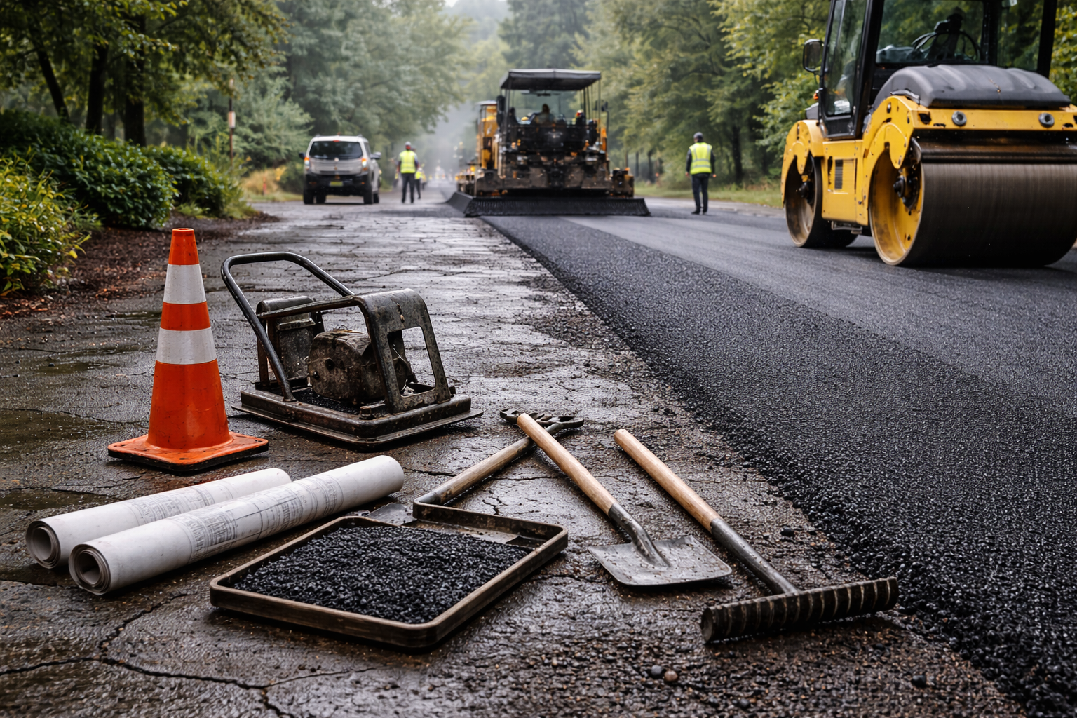 Road paving construction with heavy machinery, tools, workers, and fresh asphalt on a wet road.