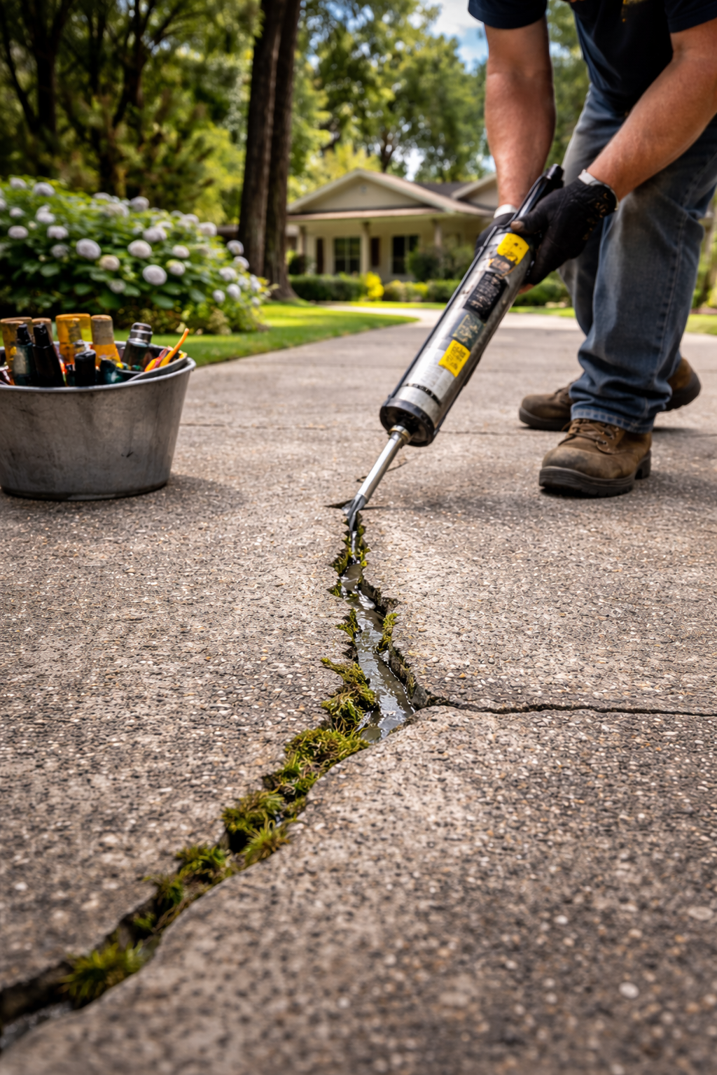 Man sealing a deep crack in a concrete driveway with a caulking gun; bucket of tools beside the driveway; house and green lawn in the background.