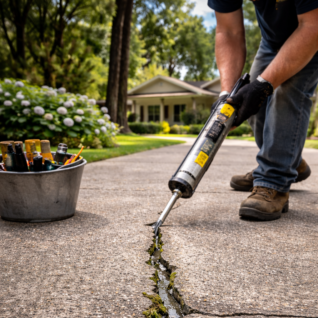 Person using a caulk gun to seal a crack in a concrete driveway. A bucket of tools sits nearby.