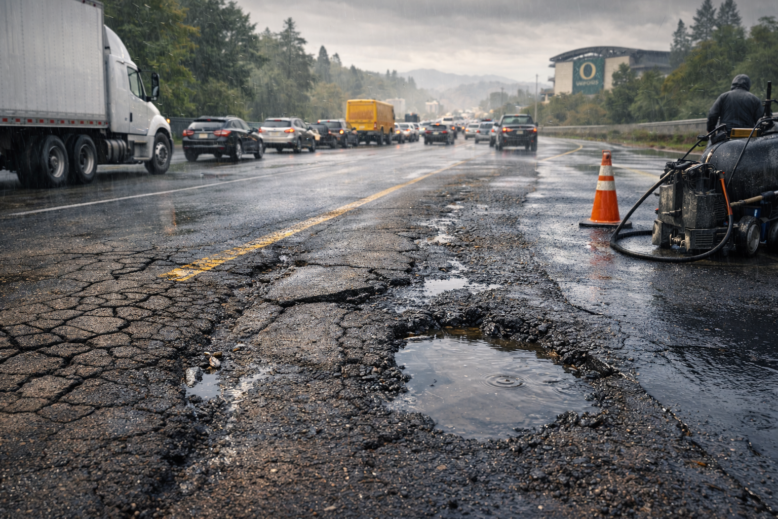 Pothole-filled road with traffic, a truck, and road repair equipment on the shoulder.