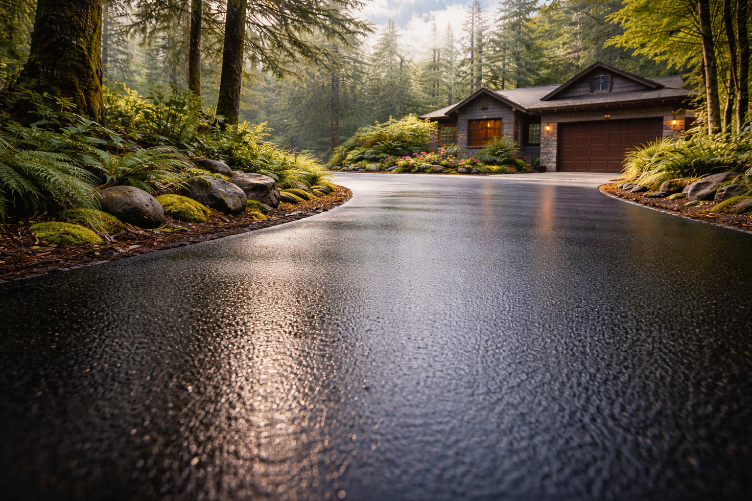 Wet driveway leading to a house in a forest setting.