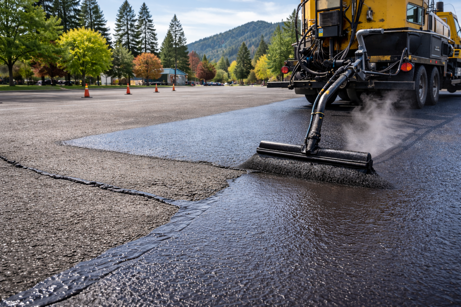 Asphalt sealcoating machine applying sealant to a parking lot. Black liquid, yellow truck, mountains in the background.
