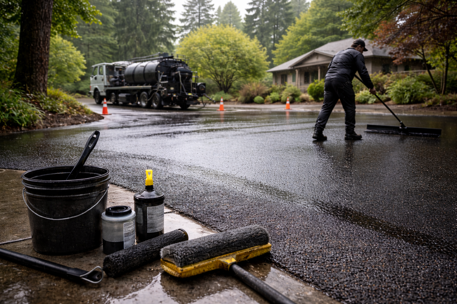 A worker applies asphalt sealant to a residential road, with a truck, tools, and house visible in the background.