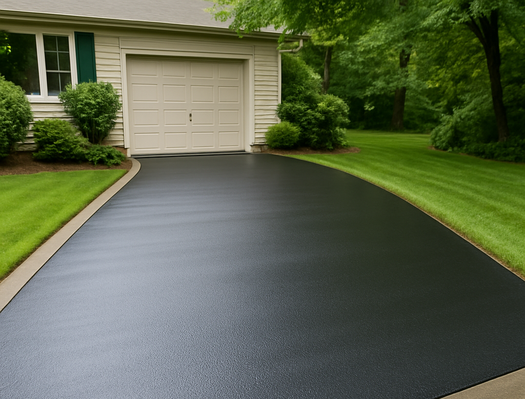 Black asphalt driveway leading to a beige garage. Green grass borders the sides.