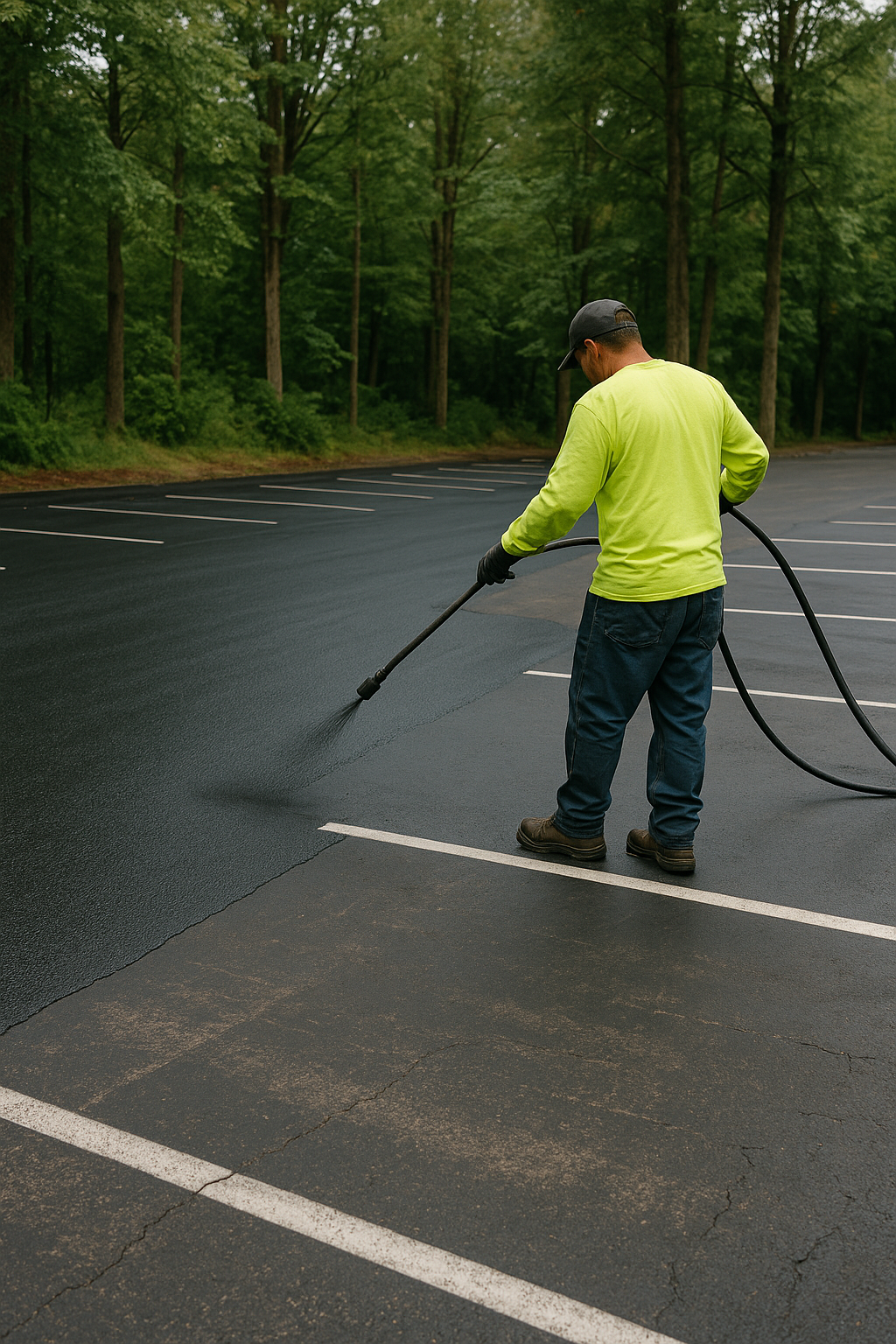 Person in a lime-green shirt spraying sealant on a freshly paved parking lot with white lines, wooded background.