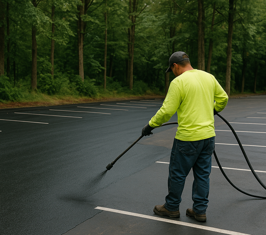 Person spraying sealant on asphalt parking lot, wearing a yellow shirt, and surrounded by trees.