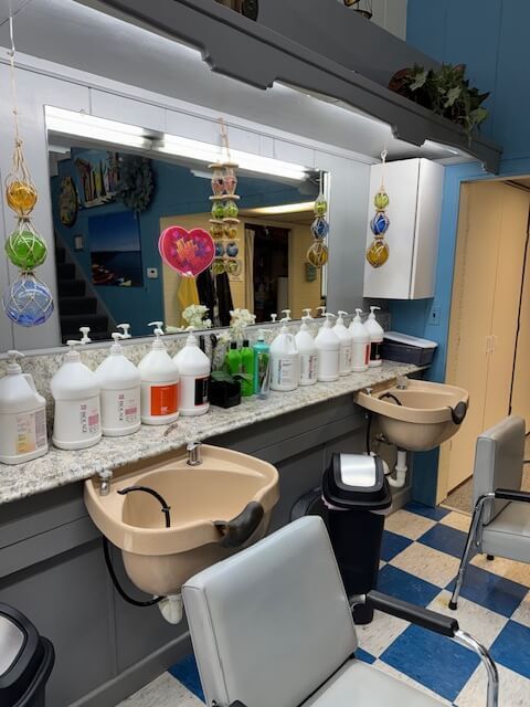 Hair salon interior with wash basins, shampoo bottles, mirrors, and chairs. Blue and white checkered floor.