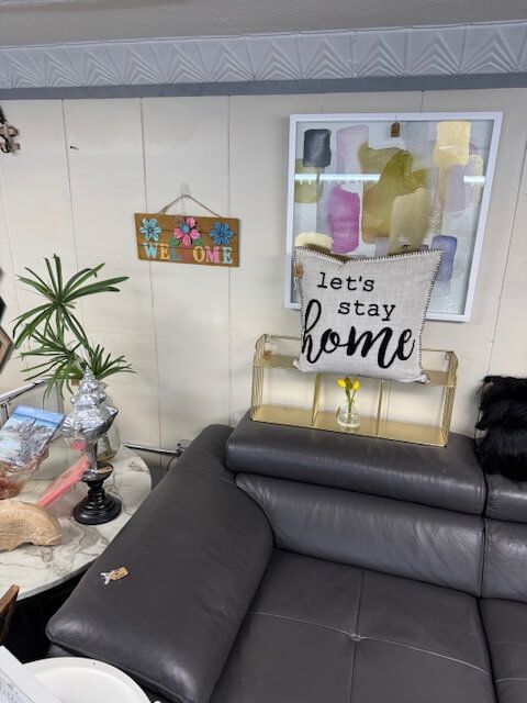 Gray leather sofa with 