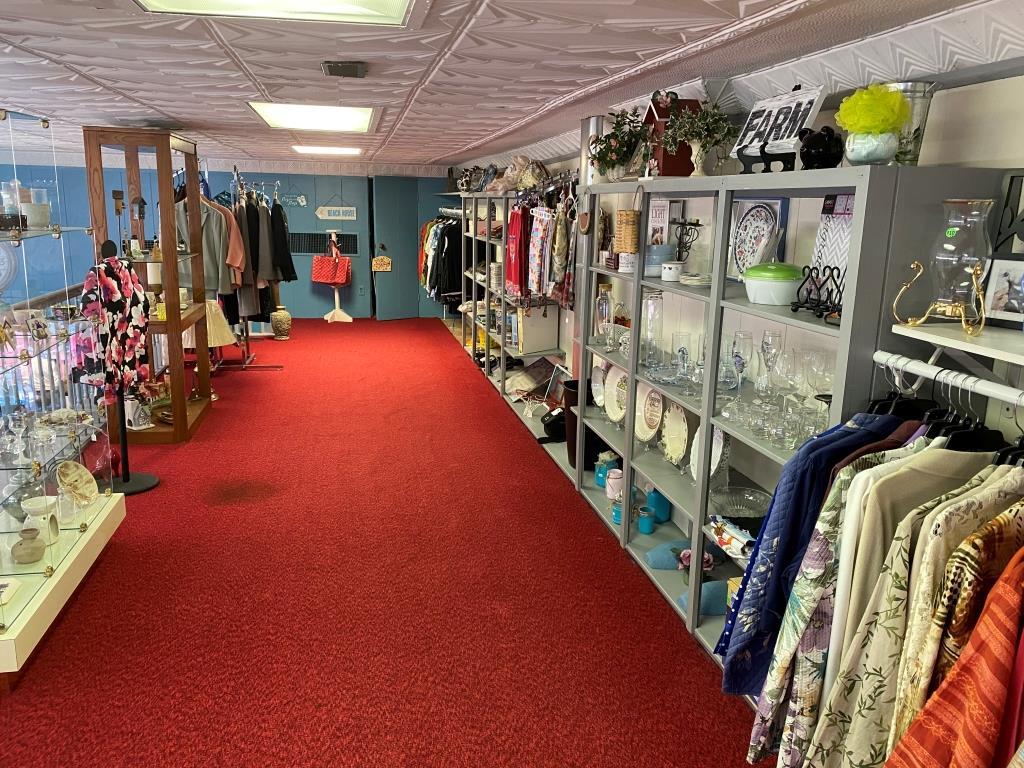 A store with a red carpet and clothes hanging on shelves