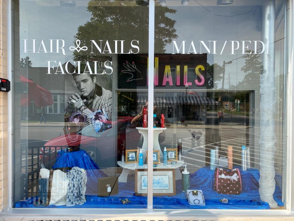 A window display for hair nails and facials