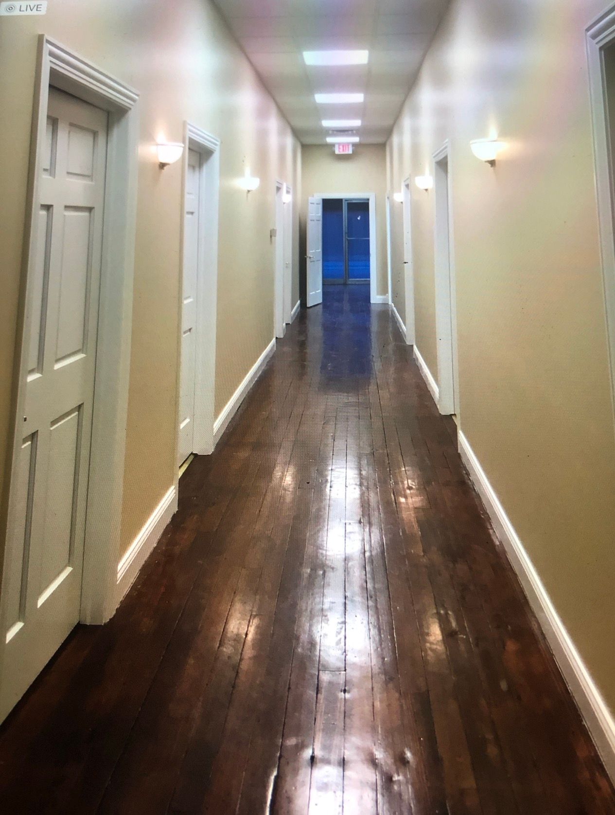Long hallway with wood floor, doors, and sconce lights.
