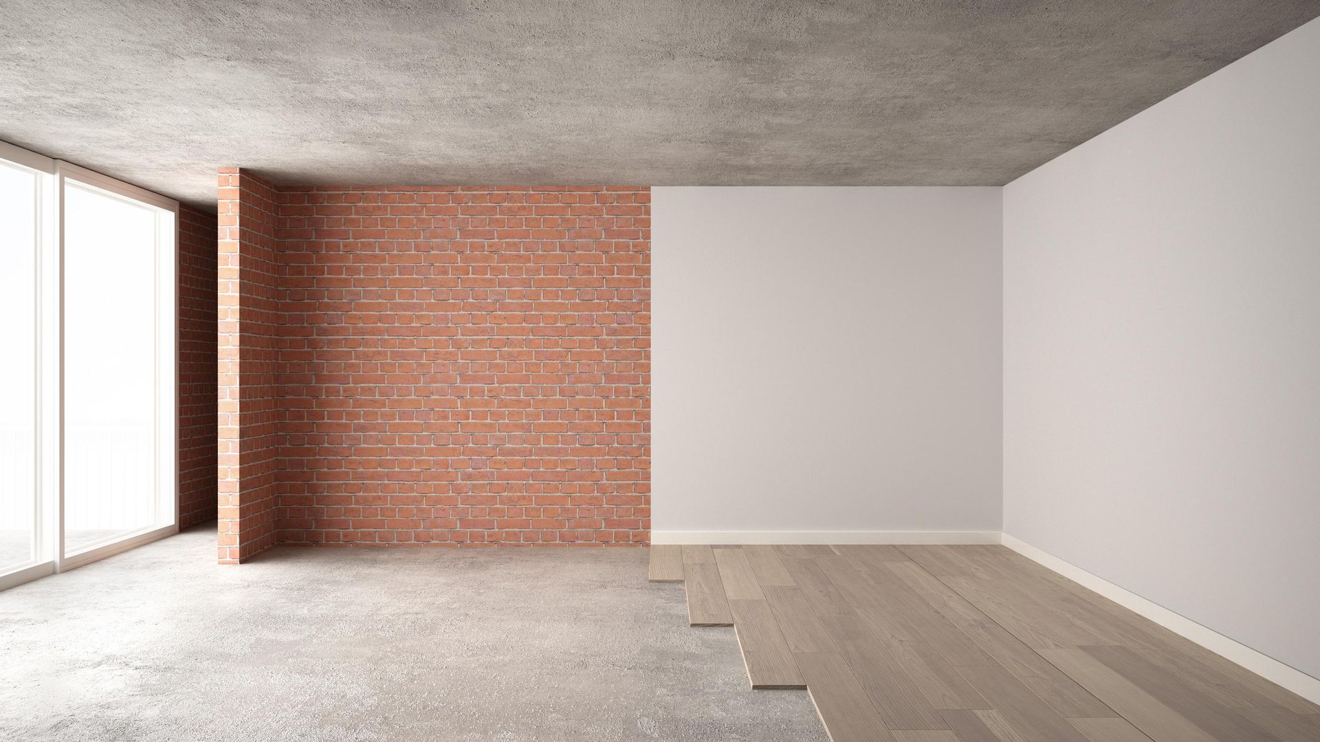 Empty interior room with exposed brick wall, concrete ceiling, unfinished wood flooring, and large window.