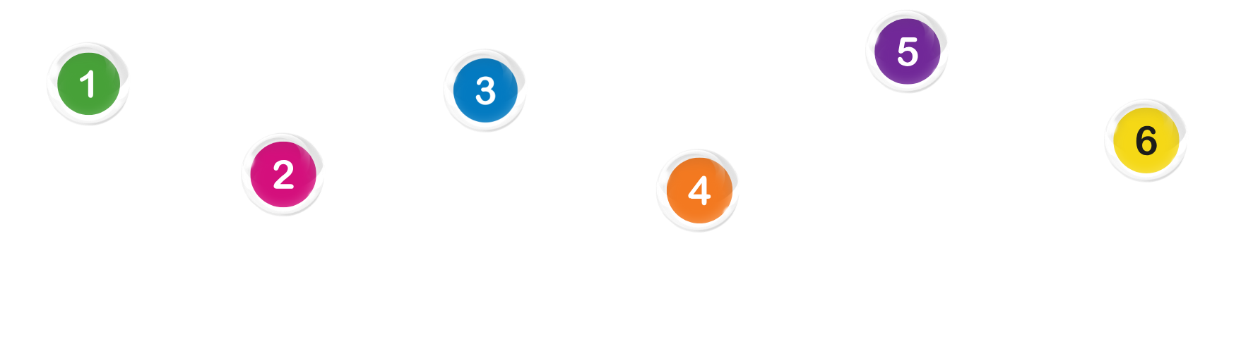 A bunch of colorful circles with numbers on them on a white background.