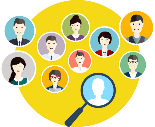 A magnifying glass is looking at a group of people 's faces.