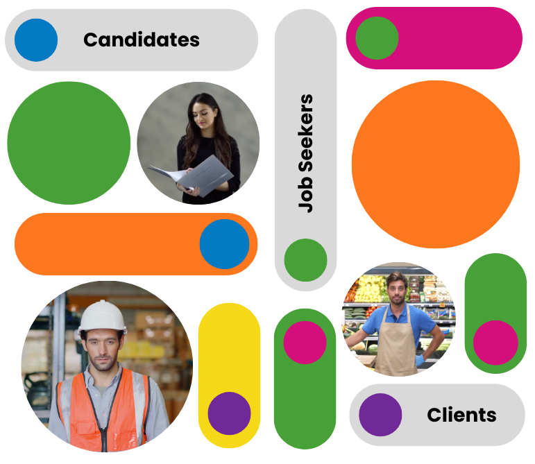 A collage of colorful circles with the words candidates and job seekers