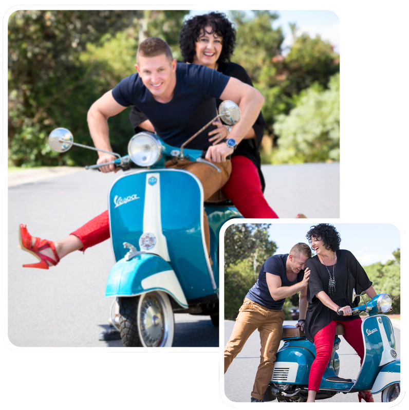 A man and a woman are riding a vespa scooter