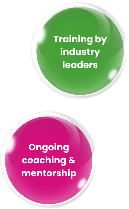 A green and pink circle that says training by industry leaders