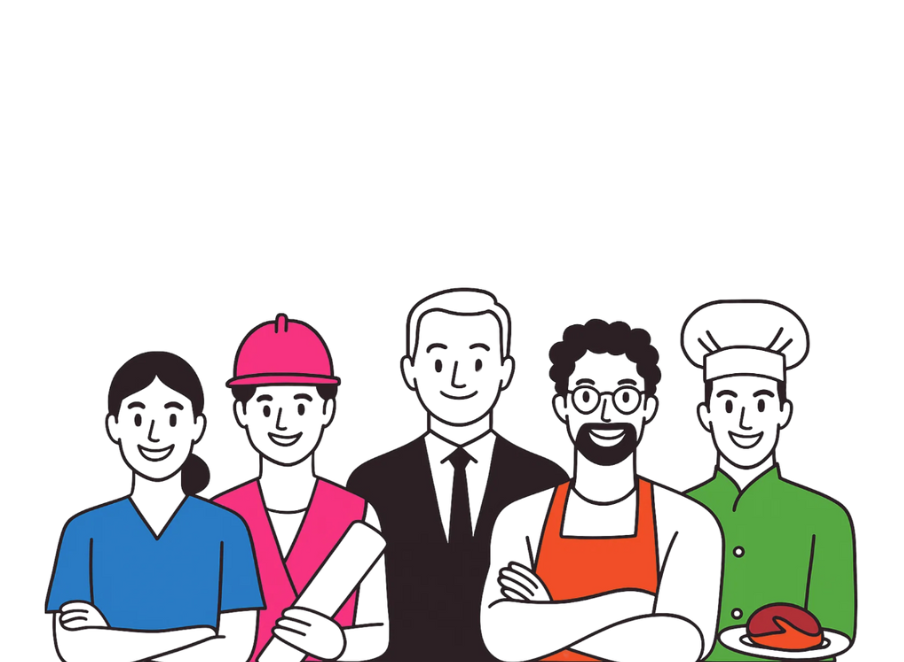 A group of people of different occupations are standing next to each other.
