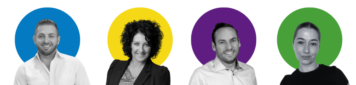 A group of people are standing next to each other in circles of different colors.