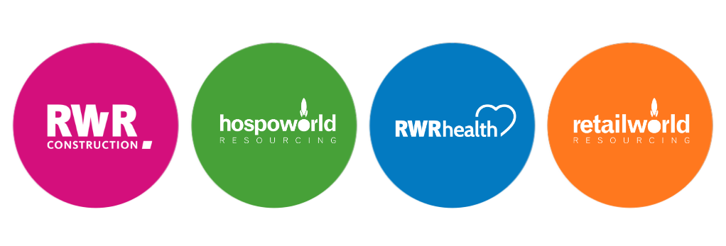 Four different colored circles with rwr and retailworld written on them