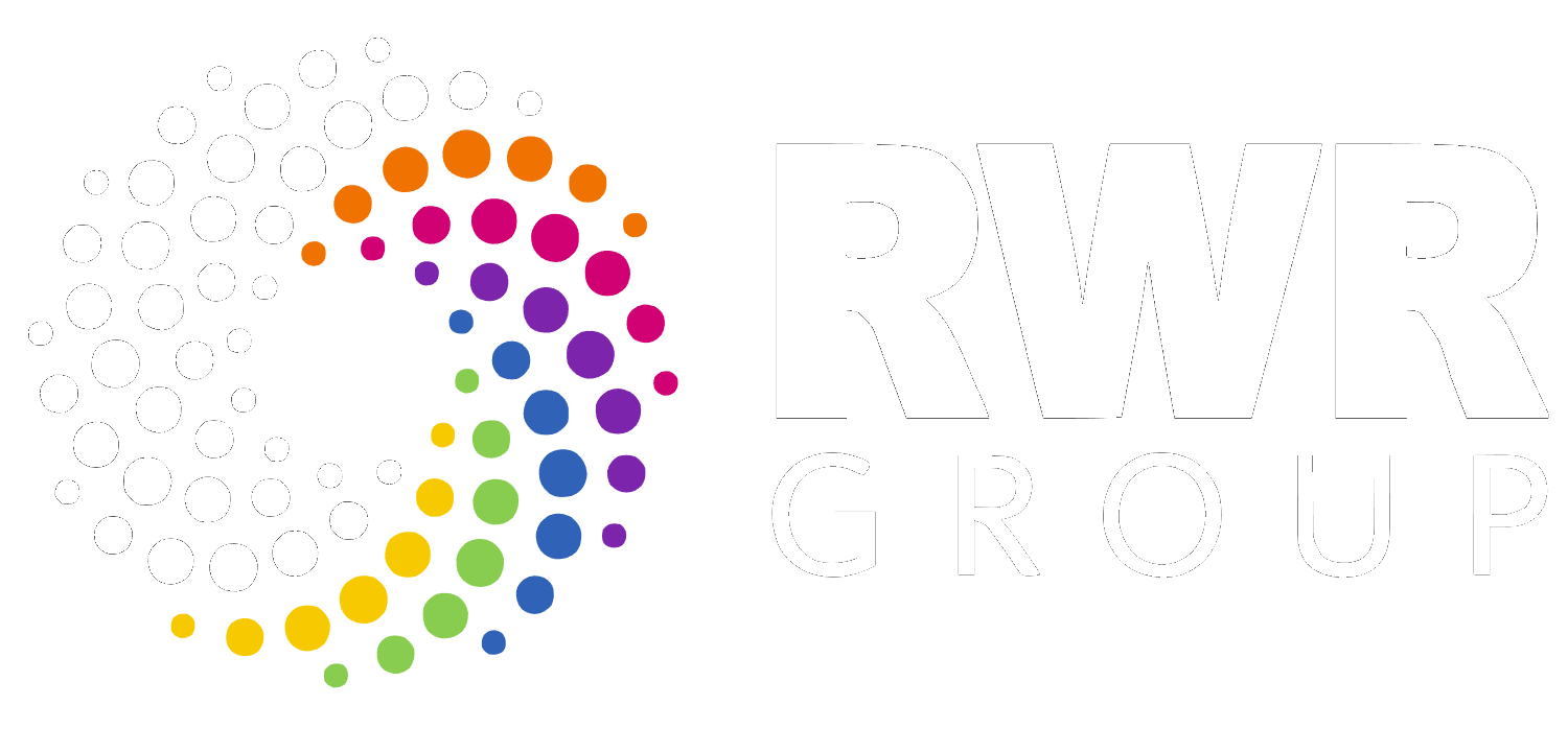 A colorful logo with a rainbow of dots on a white background.