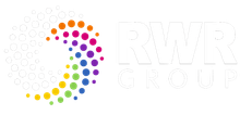 A colorful logo with a rainbow of dots on a white background.