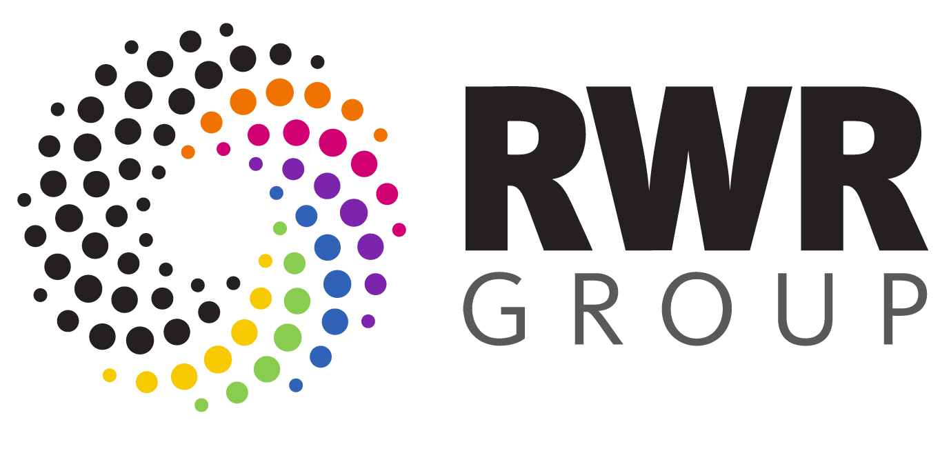 The rwr group logo has a rainbow of dots in a circle.