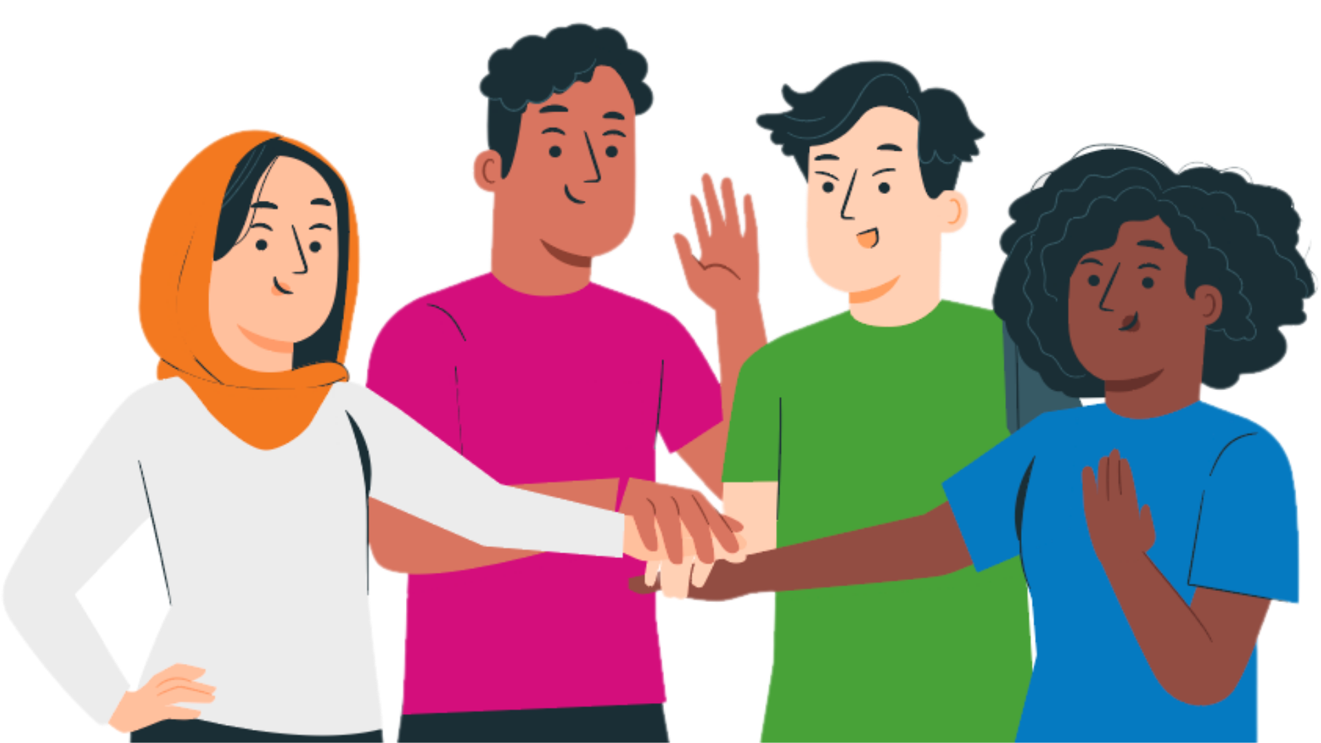 A group of people are putting their hands together.