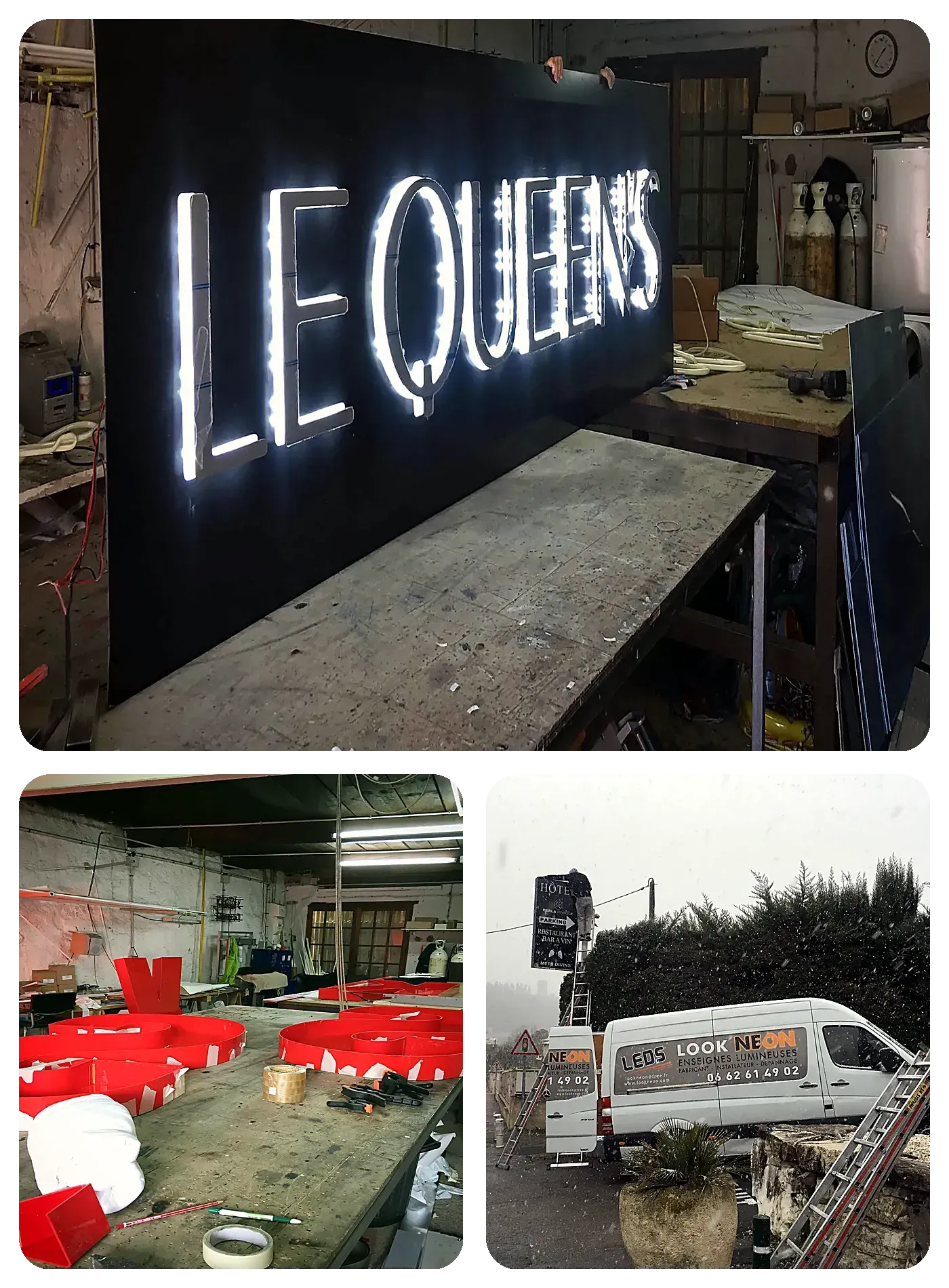 Un collage illustrant la fabrication et l'installation d'une enseigne lumineuse « LE QUEENS », incluant des vues de l'atelier et de la camionnette.