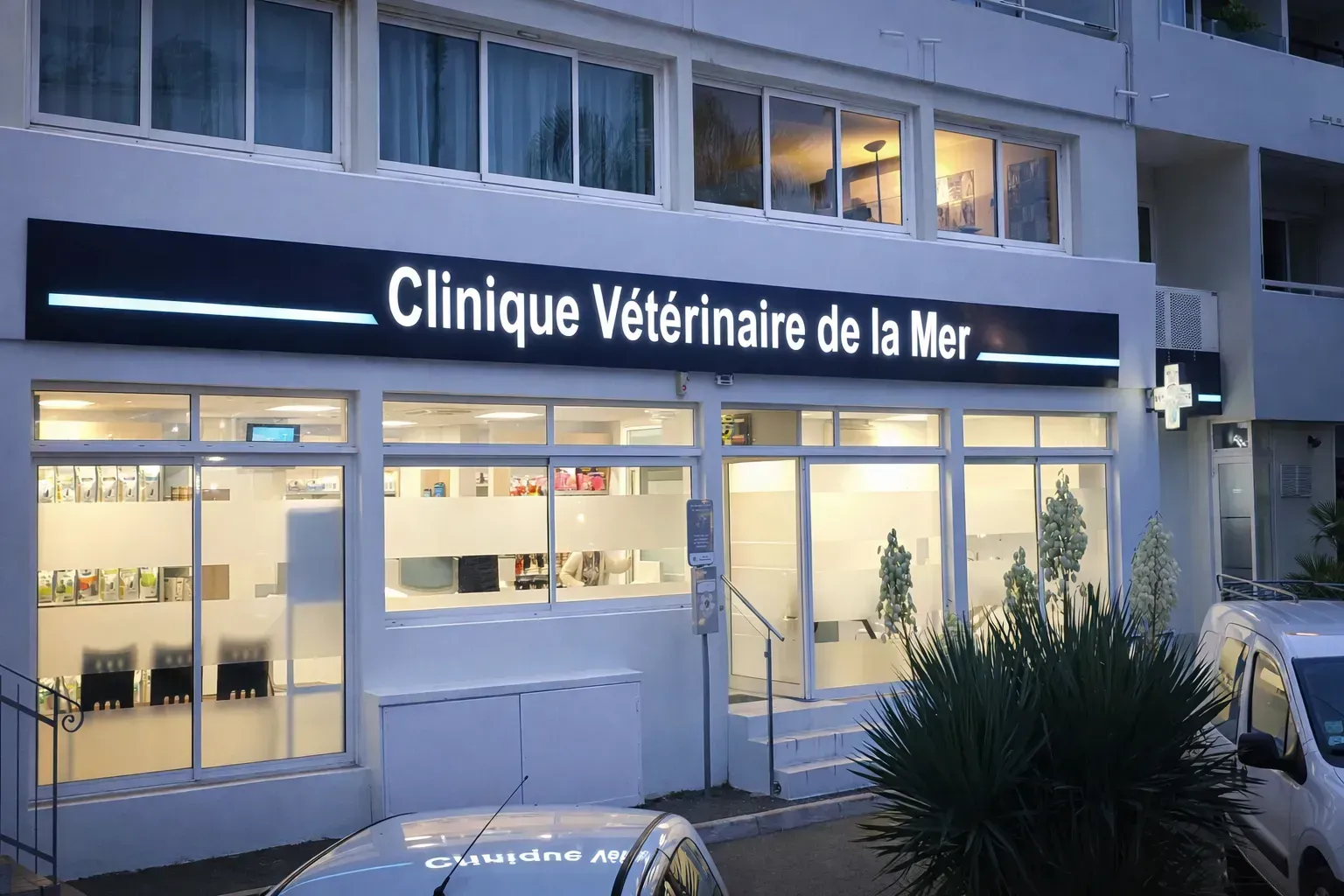 Extérieur de la Clinique Vétérinaire de la Mer, un bâtiment de clinique vétérinaire d'un blanc éclatant avec une grande enseigne lumineuse.