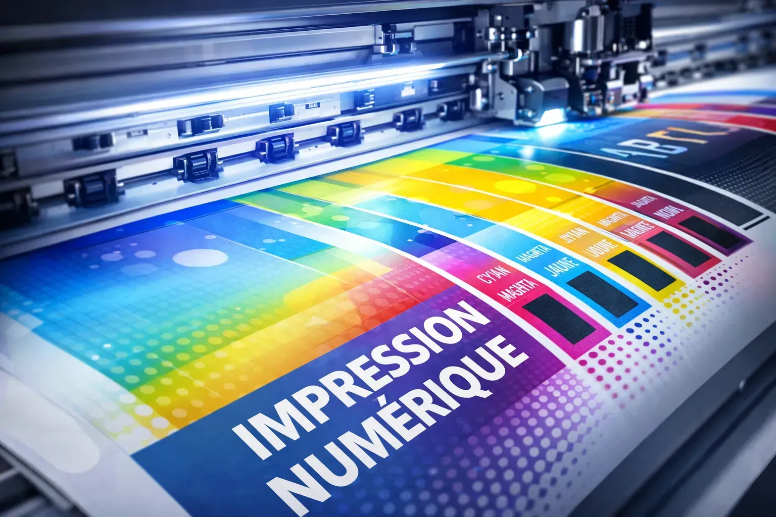 Une imprimante numérique grand format imprimant un motif dégradé coloré avec le texte « IMPRESSION NUMÉRIQUE ».