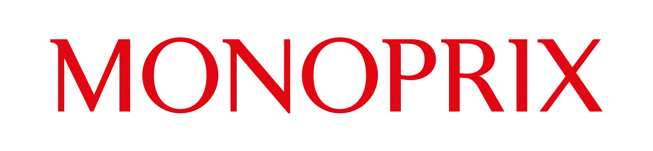 Le logo de la marque Monoprix en rouge, en lettres capitales stylisées à empattements sur fond blanc uni.