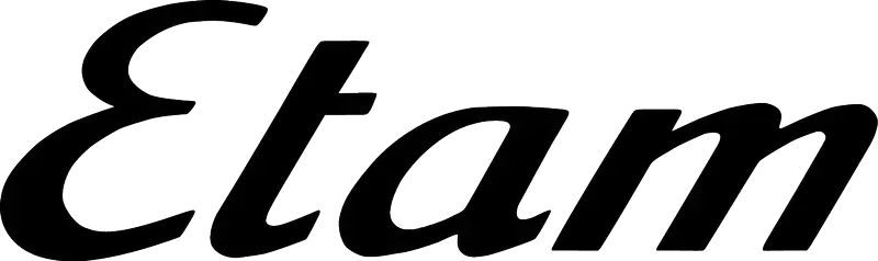 Le mot « Etam » écrit en caractères noirs, obliques et à empattements sur fond blanc.