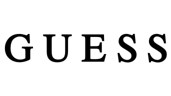 Le texte noir « GUESS » en police serif classique est centré sur un fond blanc uni.