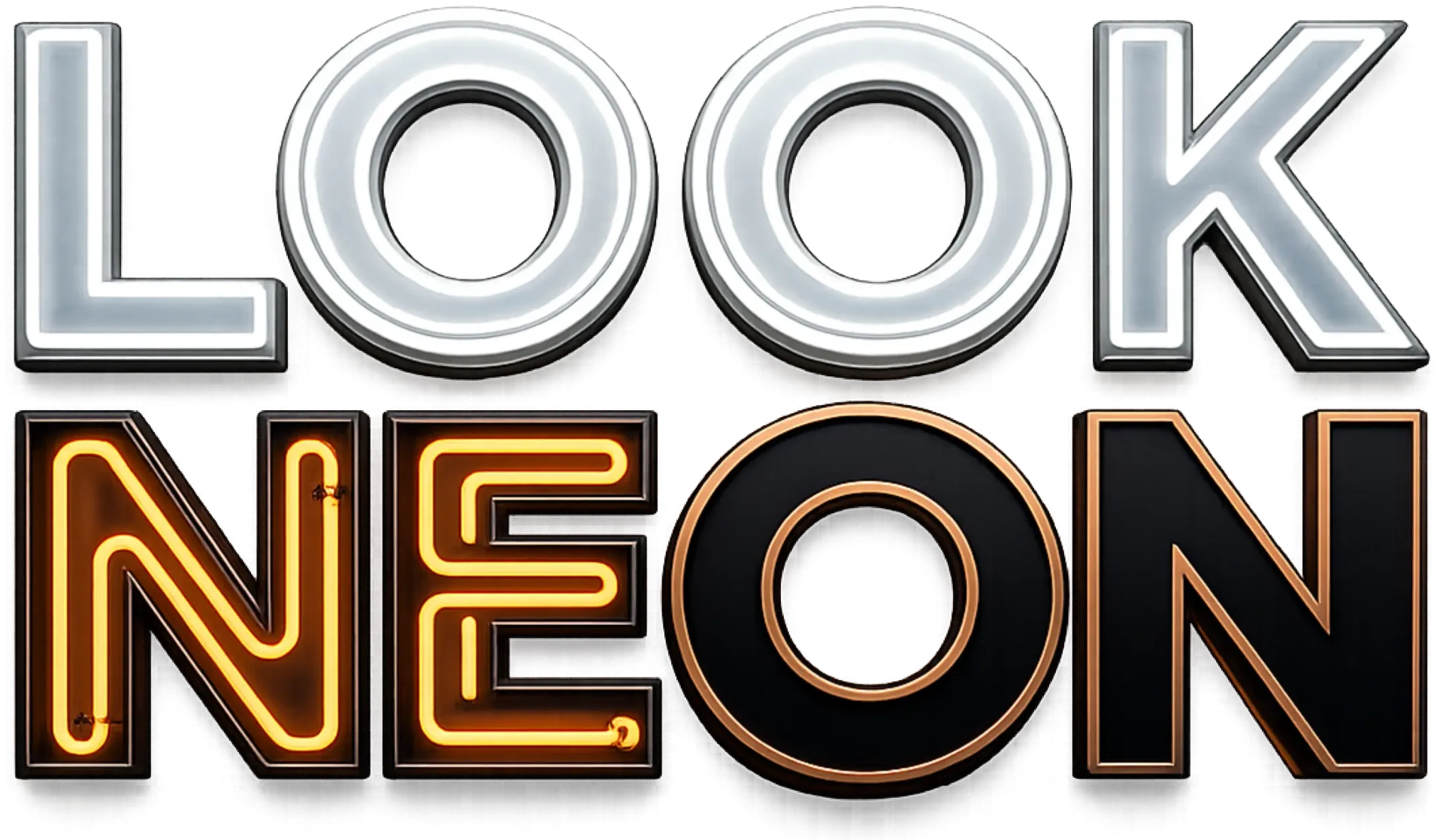 « LOOK » en lettres métalliques argentées au-dessus de « NÉON » en caractères orange fluo sur fond sombre.