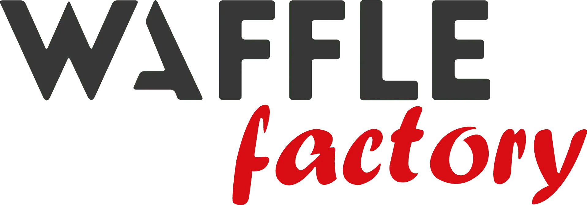 Le logo de Waffle Factory présente le mot « WAFFLE » en lettres capitales gris foncé au-dessus du mot « factory » dans une police stylisée rouge.