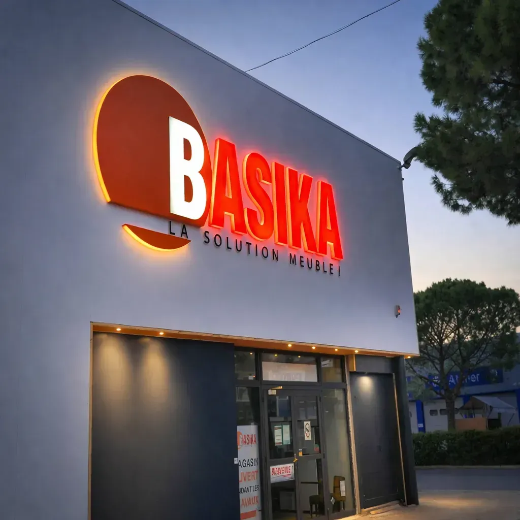 Une enseigne lumineuse orange et rouge « BASIKA » d'un magasin de meubles sur la façade blanche d'un bâtiment au crépuscule.
