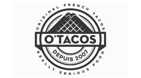 Logo circulaire noir et blanc pour O'Tacos, représentant un taco grillé, le nom de la marque et le texte « Depuis 2007 ».