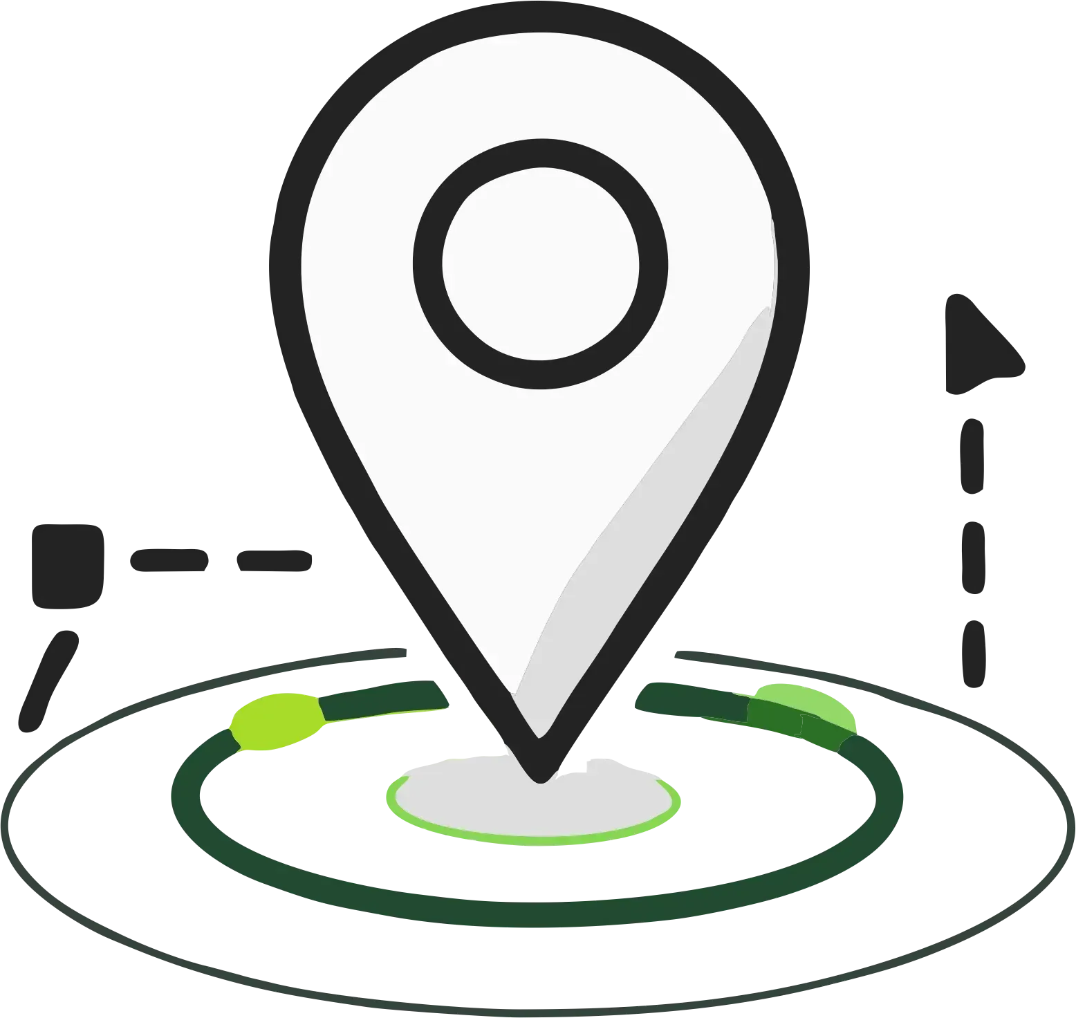 Une icône d'épingle de localisation gris clair centrée sur un anneau circulaire vert foncé avec des lignes pointillées et des symboles de marqueurs noirs.