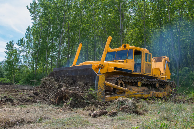 A yellow bulldozer is moving dirt in a field.