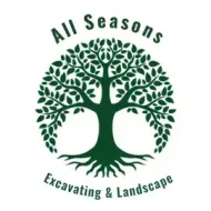 The logo for all seasons excavating and landscape shows a tree with roots and leaves.
