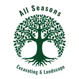 The logo for all seasons excavating and landscape shows a tree with roots and leaves.