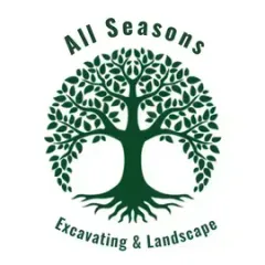 The logo for all seasons excavating and landscape shows a tree with roots and leaves.