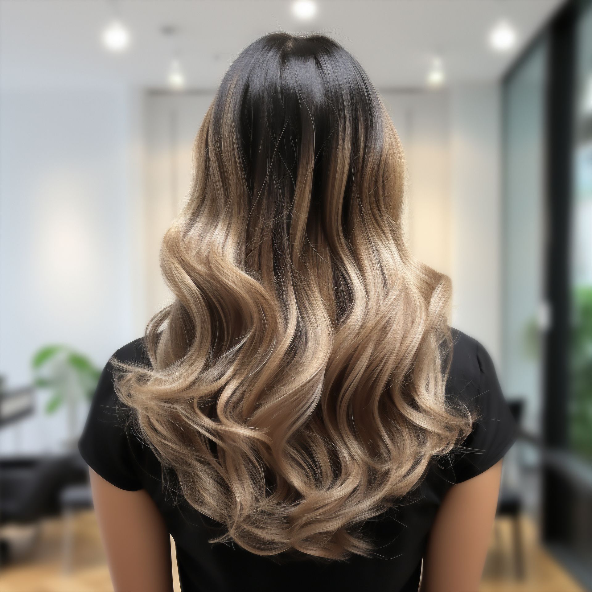 A woman with long wavy hair is wearing a black shirt