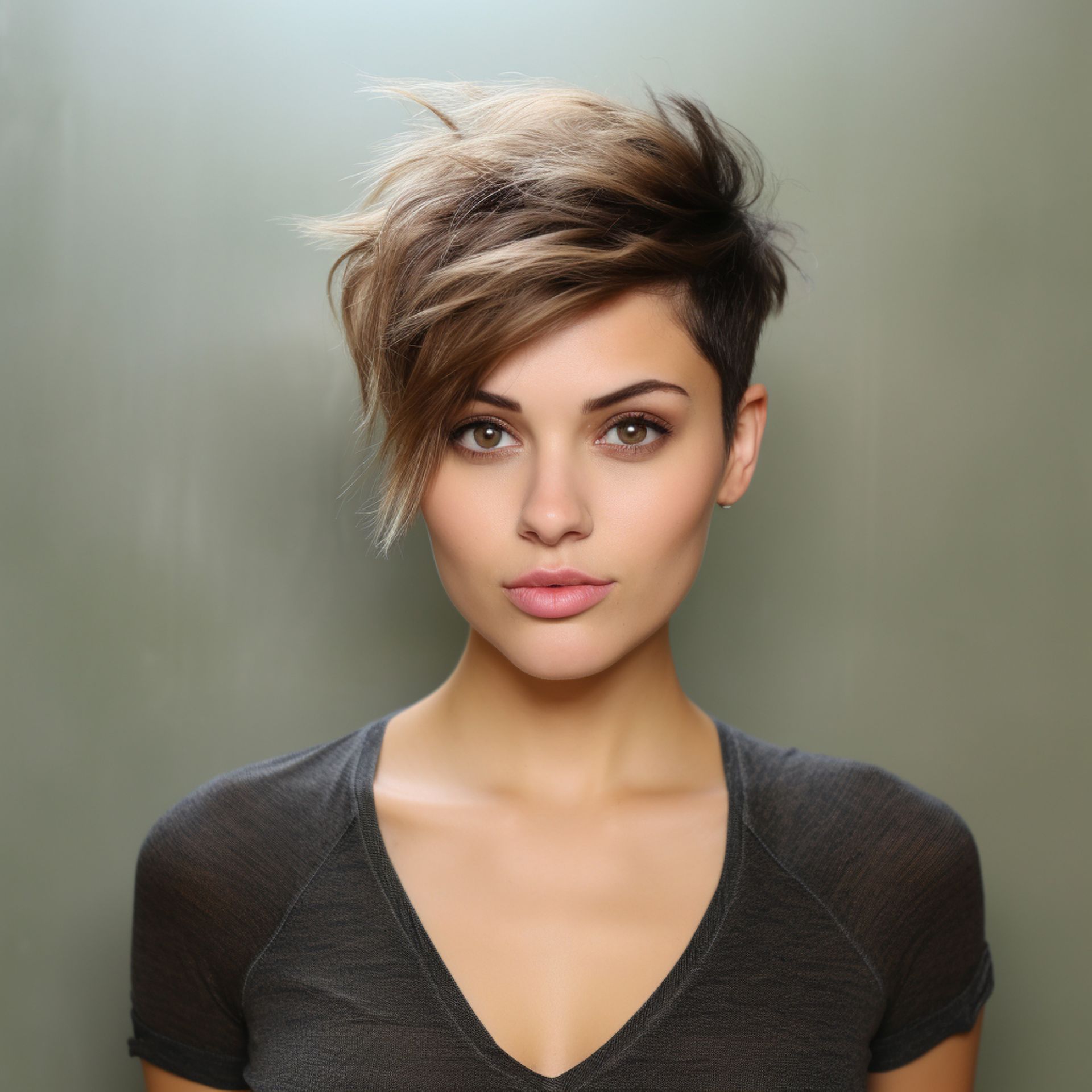 A woman with short hair is wearing a black shirt