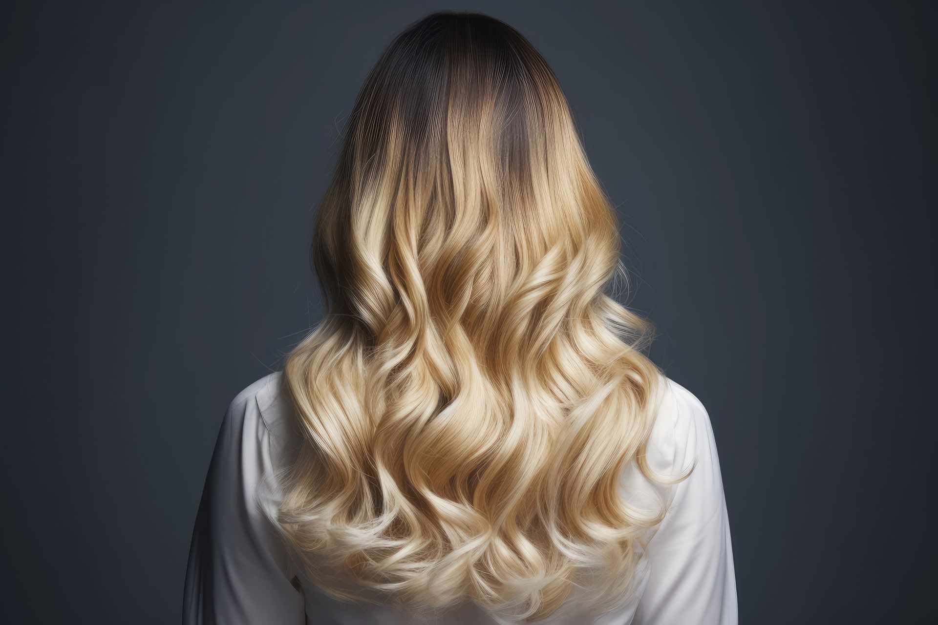 A woman with long blonde hair is wearing a white shirt.