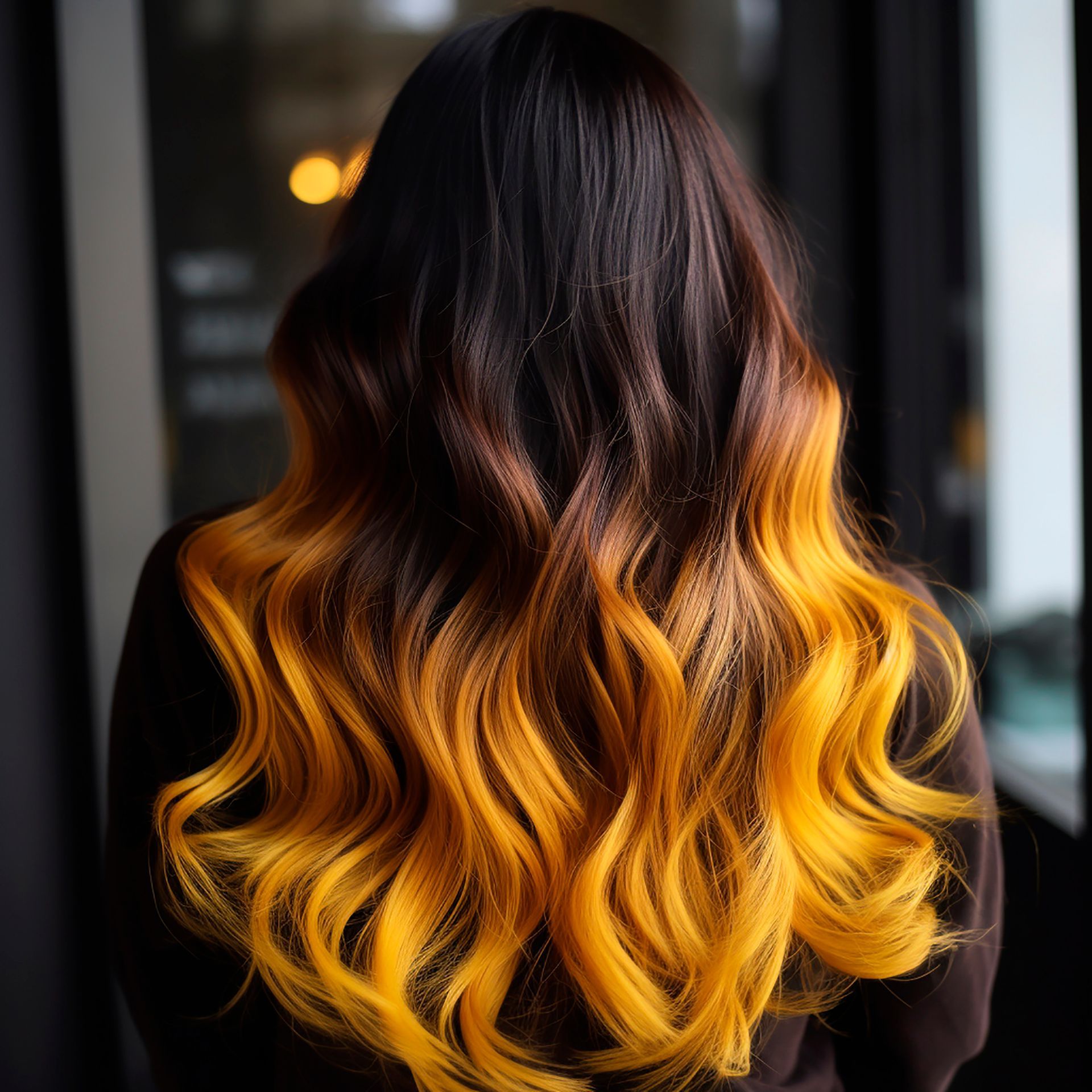 A woman with long dark hair with yellow highlights.