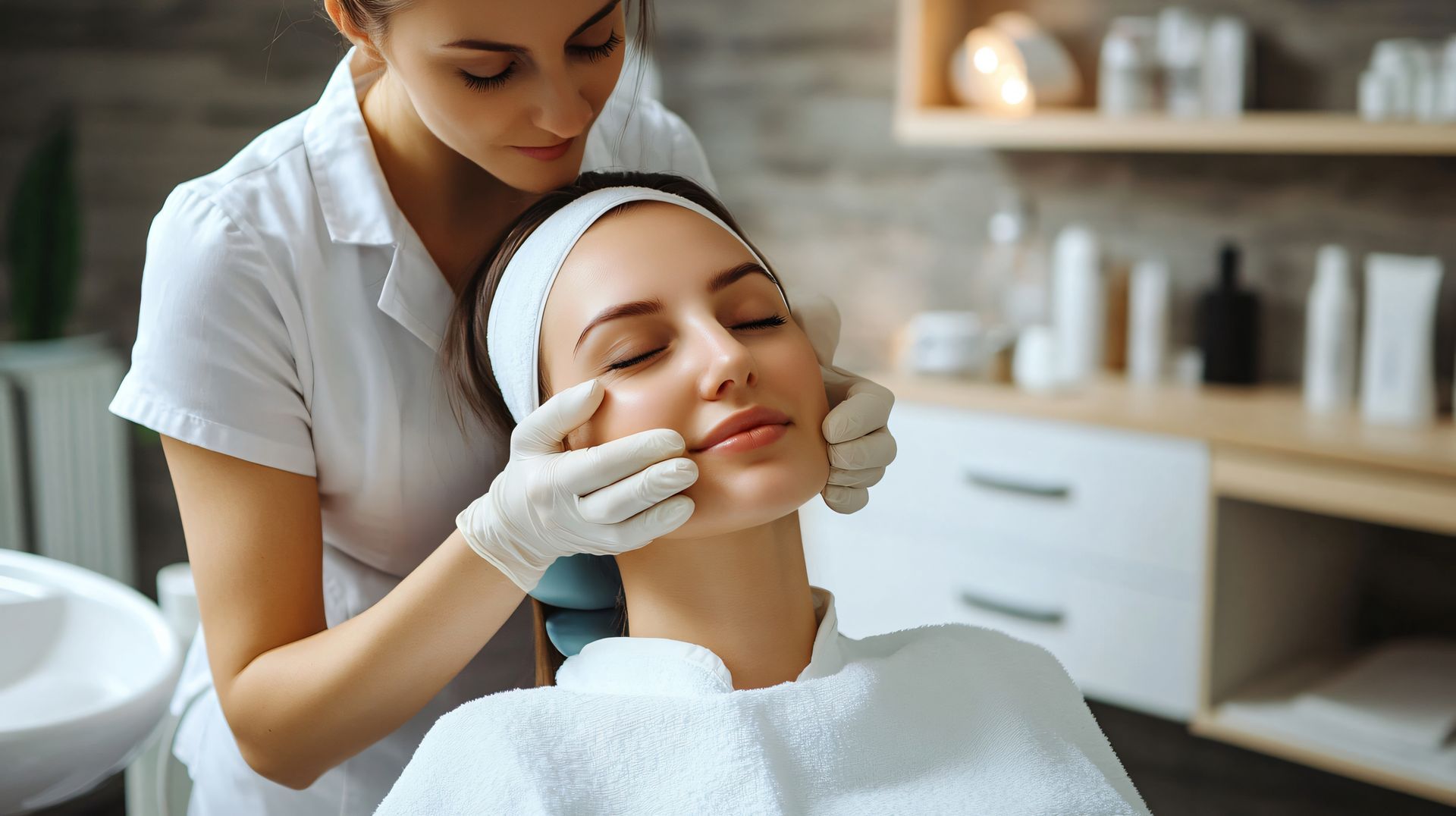 A woman is getting a facial treatment at a beauty salon.