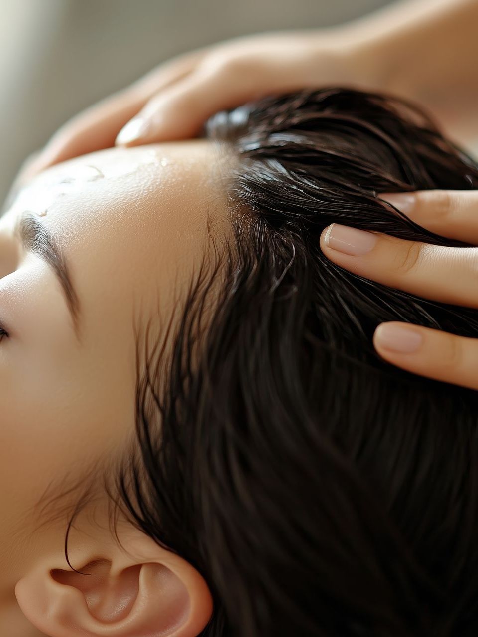 A woman is getting a massage on her head.